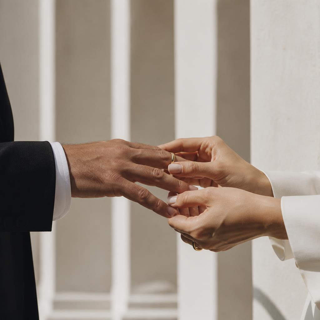 Detail shot of hands exchanging wedding rings