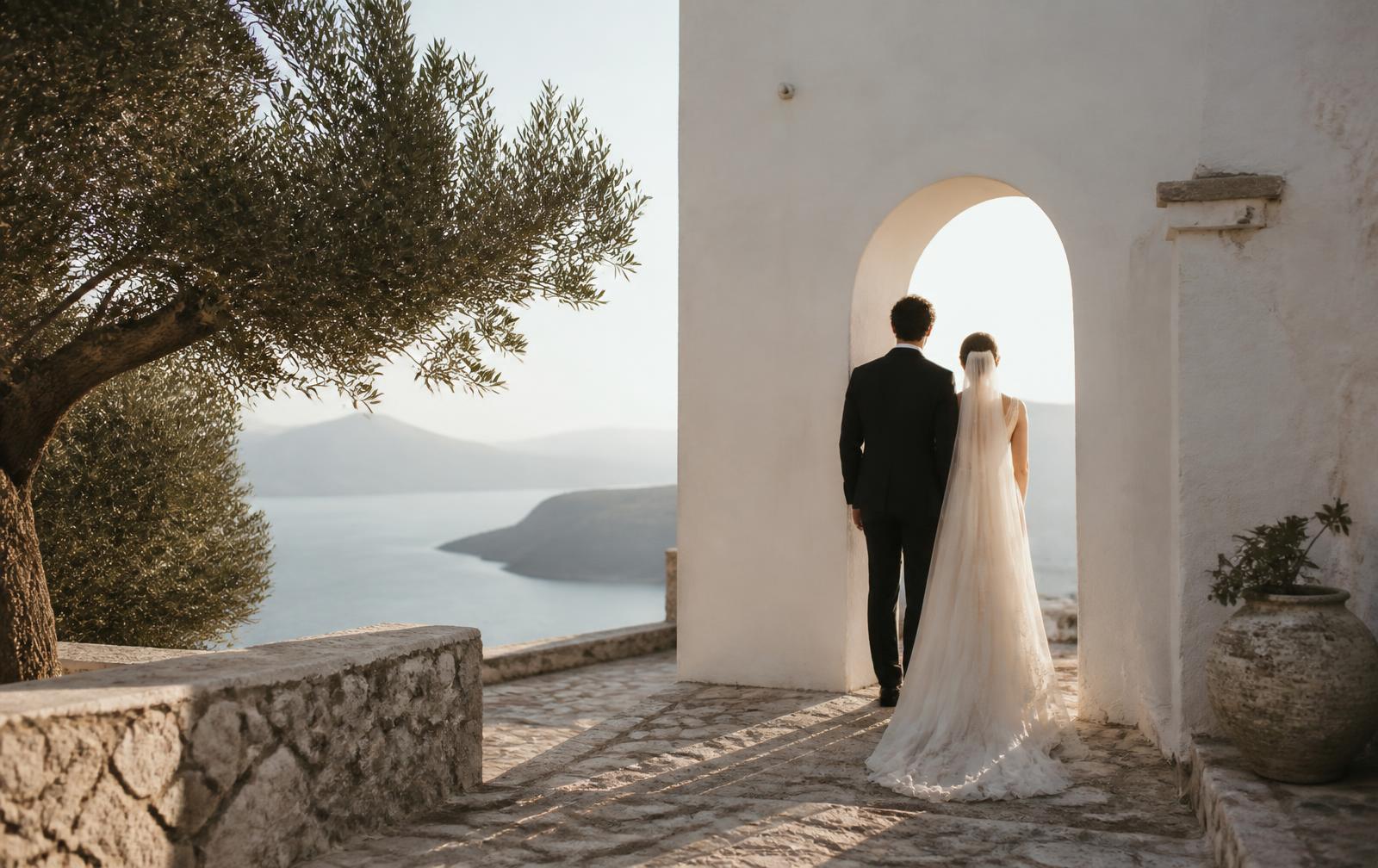 Couple silhouetted in a whitewashed archway above the Aegean sea