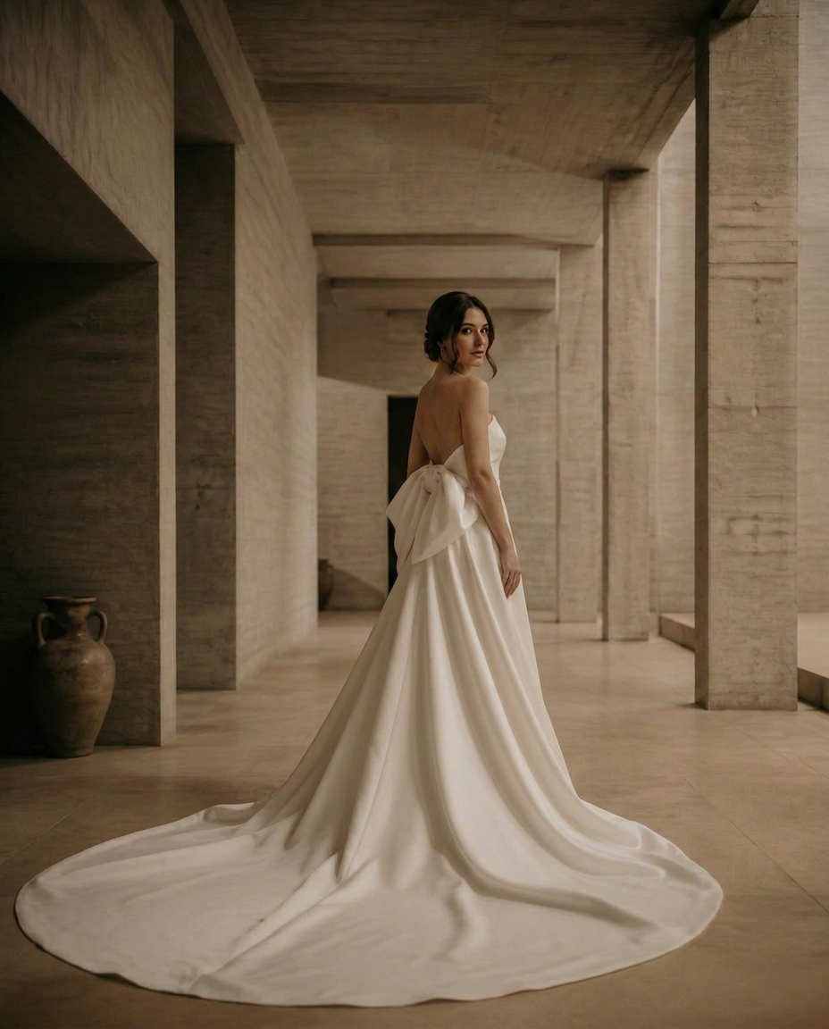 Bride with dark hair in a sculptural couture gown inside a brutalist concrete hall