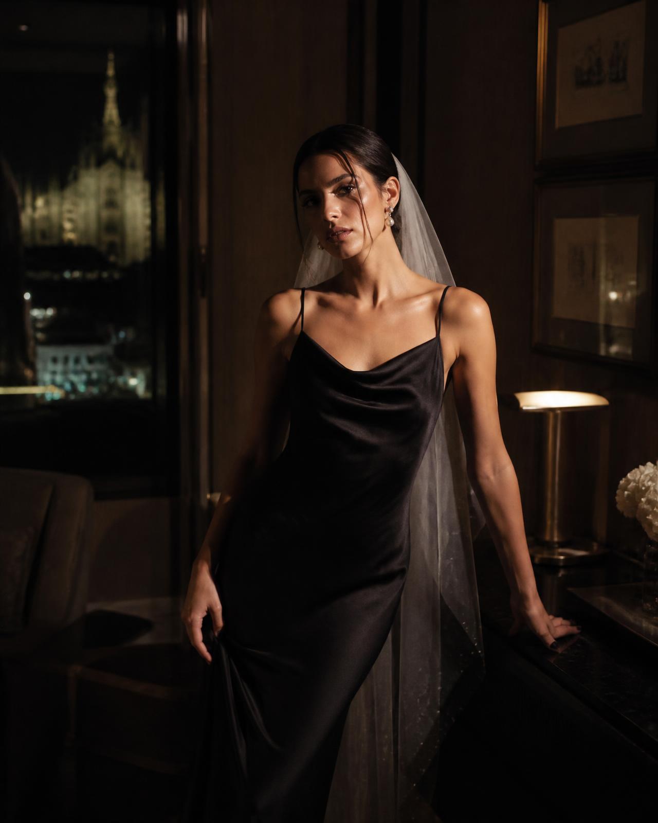 Bride in a black slip gown and veil in a dark Milan interior at night