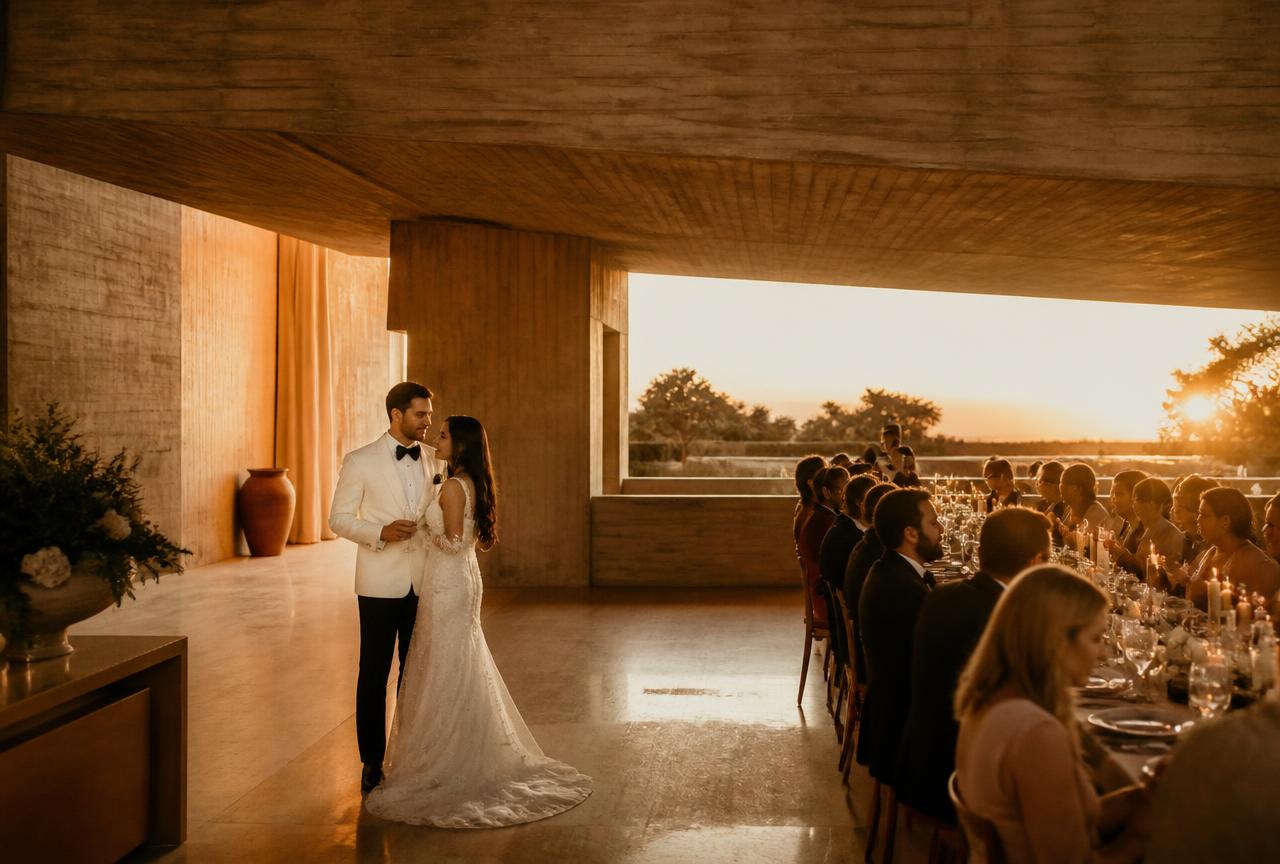 Cinematic wedding reception in a brutalist villa with warm lighting